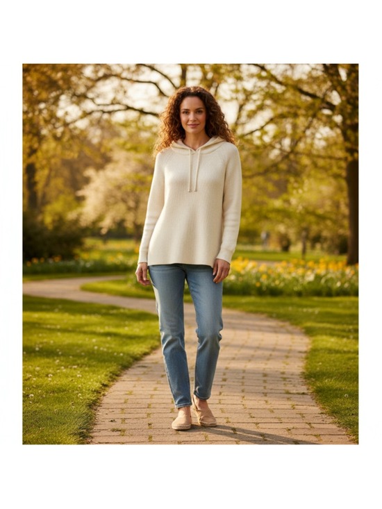 Cyrus Tops - Cyrus Cream Hooded Sweater Women's Large Ribbed Knit Pullover Soft Cozy Neutral